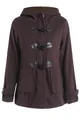 Close-up of a brown hooded duffle coat featuring classic horn buttons and front pockets - S / Tops / Dark Brown