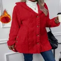 Modische warme rote Plüsch-Kapuzenstrickjacke mit Rautenmuster für Damen im Winter - S / Oberteile / Rot