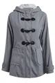 Detailed view of women's gray hooded duffle coat with toggle closures and fleece lining. - Light Gray