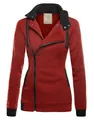 Vorderansicht roter Damen-Kapuzenpullover mit diagonalem Reißverschluss und Kapuze - S / 拼色款式(921#)-上装 / Burgunderrot