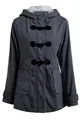 Close-up detail of women's grey hooded toggle coat featuring a warm white sherpa lining. - S / Tops / Dark Gray