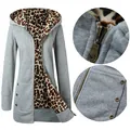Detail view of gray women's hooded sweatshirt with leopard print fleece lining - Light Gray