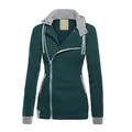 Dunkelgrüner Damen-Fleece-Hoodie mit diagonalem Reißverschluss und grauen Details - Dunkelgrün