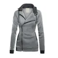 Taillierter grauer Damen-Fleece-Hoodie mit asymmetrischem Reißverschluss und Akzenten - S / 拼色款式(921#)-上装 / Hellgrau