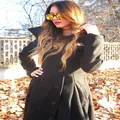 Detailed view of women's black double-sided woolen trench coat with irregular hem in autumn setting - 5XL / Tops / Black