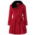 Elegante abrigo rojo de lana con cuello de piel negra y doble botonadura sofisticada. - S / Tops / Rojo
