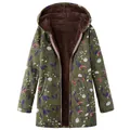 Women's green floral print hooded jacket with warm brown fleece lining and zipper closure - 3XL / Tops / Green