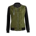 Detail view of women's quilted bomber jacket in olive green and black color block - S / Tops / Green