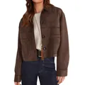 Stylish women's short faux suede casual jacket in coffee brown featuring button closure - Dark Brown