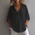 Camisa informal de lino de manga larga con cuello en V para mujer en color negro sólido - 3XL / Tops / Negro