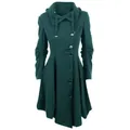 Front view of women's dark green wool coat with asymmetrical hem and cowl neck. - S / Tops / Green