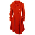Detail view of women's red trench coat with asymmetrical hem and button accents. - 5XL / Tops / Red