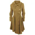 Women's irregular hem wool coat with button front and drawstring funnel neck detail. - 5XL / Tops / Camel