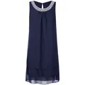 Detail van een marineblauwe mouwloze chiffon jurk met paillettenkraag en lagen - S / Tops / Marineblauw