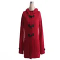 Classic women's red hooded duffle coat with stylish toggle buttons and zipper closure. - Burgundy