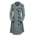 Detailed view of women's vintage wool blend coat featuring an irregular hem and large collar - Gray