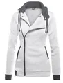 Stilvoller Damen Fleece-Hoodie mit asymmetrischem Reißverschluss und grauem Farbblock-Design - Weiß