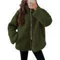 Oversized damesjack van sherpa fleece in legergroen met opstaande kraag en zilveren ritssluiting - S / Tops / Legergroen