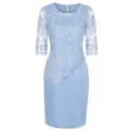 Detail view of light blue lace patchwork knee-length cocktail dress with floral embroidery. - S / Bottoms / Sky Blue