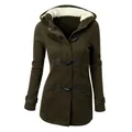 Women's classic army green hooded jacket featuring toggle horn buttons and warm fleece lining - Army Green