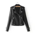 Detailed view of a stylish black PU leather motorcycle jacket for women with zippers - S / Tops / Black