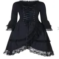 Vestido gótico vintage negro de manga larga con corsé de cordones y detalles de volantes - S / Bottoms / Negro