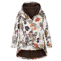Full view of women's floral hooded fleece jacket with asymmetrical hem and button front - S / Tops / Orange Leaves