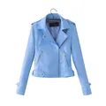 Close-up of a stylish light blue women's slim-fit biker PU leather jacket with zippers - S / Tops / Light Blue