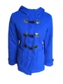 Women's stylish electric blue hooded duffle coat with classic black toggle closure - Sapphire Blue