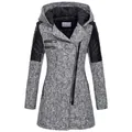 Dettaglio cappotto grigio in tweed con cappuccio, zip asimmetrica e toppe trapuntate. - Taglia S / Top / Grigio chiaro