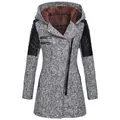 Detailed view of grey wool blend hooded coat with asymmetrical zipper and quilted sleeves. - Light Gray