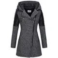 Vista frontale di cappotto in lana grigio con cappuccio da donna, zip asimmetrica e maniche in pelle. - Taglia S / Top / Grigio scuro