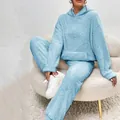 Women's cozy light blue fuzzy fleece two-piece lounge set with hooded top and pants - Light Blue