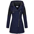 Vista dettagliata di un cappotto di lana blu navy da donna con maniche in ecopelle - Blu scuro