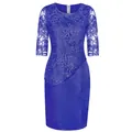 Detailed view of a royal blue lace stitching fake two-piece plus size evening dress - S / Bottoms / Dark Blue