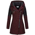Dettaglio cappotto in lana bordeaux con cappuccio, zip asimmetrica e maniche in finta pelle - Taglia S / Top / Borgogna