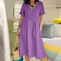 Loose-fit purple cotton linen dress with a high waist and front button closure design - Purple