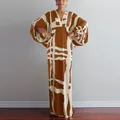 Full body view of a loose V-neck maxi dress with abstract brown geometric print pattern - S / Dark Brown Abstract Geometric / Brown