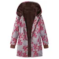 Detailed view of women's thick plush hooded coat with retro red floral pattern and soft lining - 3XL / Tops / Flower Red