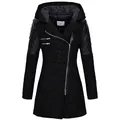 Close-up of women's black hooded wool coat with asymmetrical zipper and quilted sleeves - 3XL / Tops / Black