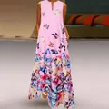 Detail of pink sleeveless V-neck maxi dress with colorful butterfly print and pockets - S / Top And Bottom / Pink