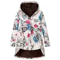 Floral print hooded jacket featuring warm plush lining and stylish irregular hem design. - Leaf Magenta