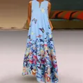 Elegant sleeveless V-neck light blue maxi dress with vibrant butterfly print for summer - S / Top And Bottom / Sky Blue