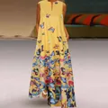 Elegant sleeveless V-neck maxi dress with vibrant butterfly print and functional side pockets - S / Top And Bottom / Yellow