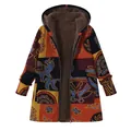 Vintage printed hooded plush coat for women with color block patchwork and warm fleece lining - S / Tops / Orange