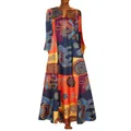 Détail de l'imprimé vintage et du col en V sur cette robe longue patchwork à manches - S / Orange