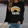 Casual black crewneck sweatshirt with retro rainbow graphic and "GOOD" text print. - S / Tops / Rainbow Black