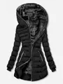 Dettaglio di un parka nero da donna con cappuccio, calda fodera in pelliccia sintetica - Taglia S / Top / Nero