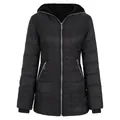 Vue de face d'une veste d'hiver noire à capuche pour femme avec matelassage et zips. - S / Hauts / Noir