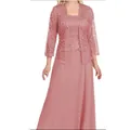 Elegant two-piece lace cardigan and chiffon maxi dress set in dusty rose for women. - Pink